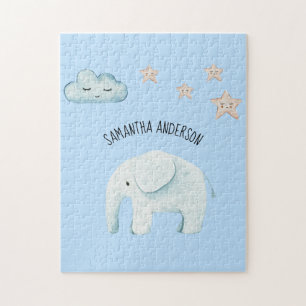 Modern Beauty Pastel Blue Elephant & Stars Kid Jigsaw Puzzle