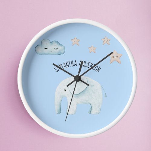 Modern Beauty Pastel Blue Elephant  Stars Kid Round Clock