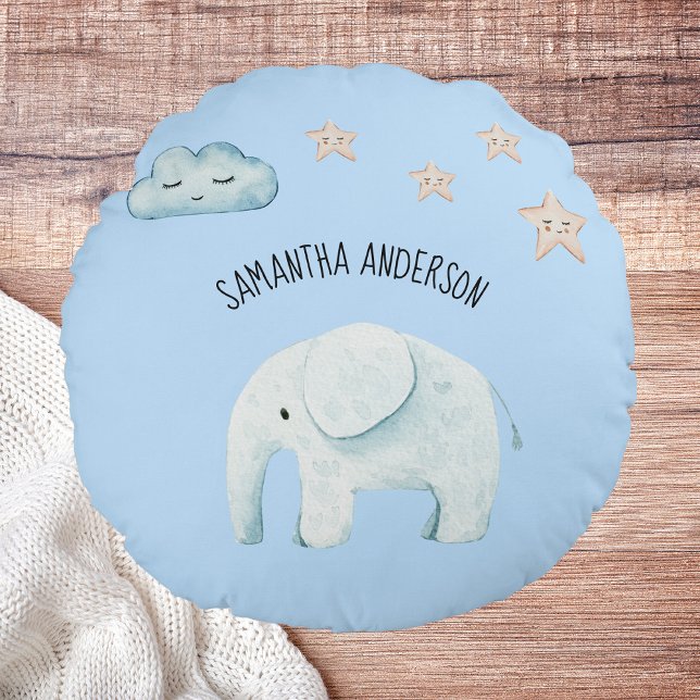 Modern Beauty Pastel Blue Elephant & Stars Kid Round Pillow (Creator Uploaded)