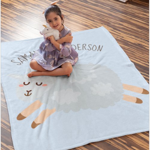 Modern Beauty Pastel Blue Sheep And Kid Name Fleece Blanket