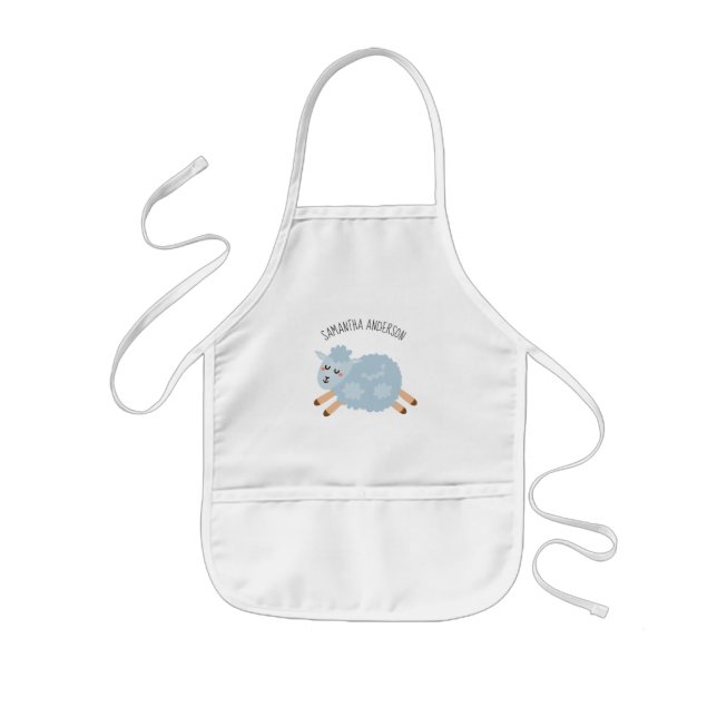 Modern Beauty Pastel Blue Sheep And Kid Name Kids' Apron (Front)