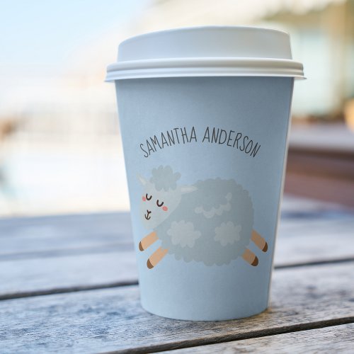 Modern Beauty Pastel Blue Sheep And Kid Name Paper Cups