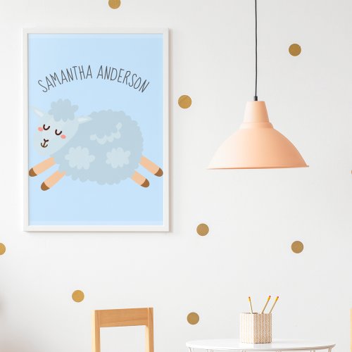 Modern Beauty Pastel Blue Sheep And Kid Name Poster