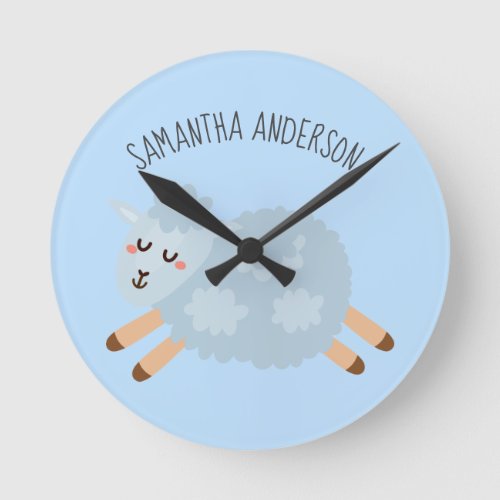 Modern Beauty Pastel Blue Sheep And Kid Name Round Clock