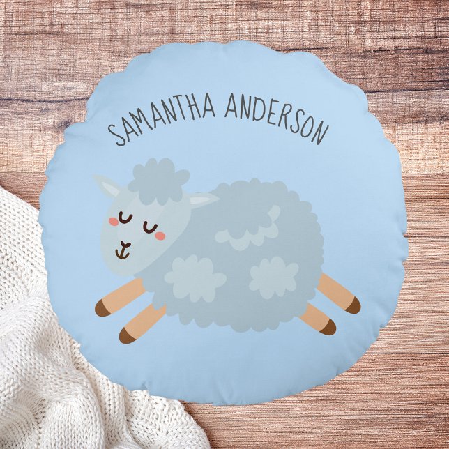 Modern Beauty Pastel Blue Sheep And Kid Name Round Pillow (Creator Uploaded)