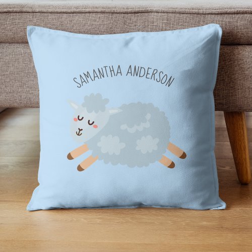 Modern Beauty Pastel Blue Sheep And Kid Name Throw Pillow