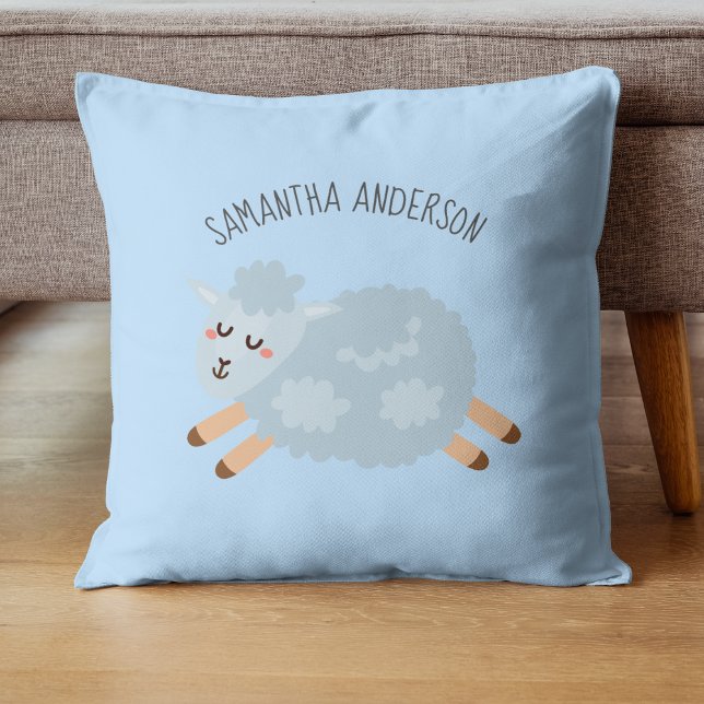 Modern Beauty Pastel Blue Sheep And Kid Name Throw Pillow (Creator Uploaded)