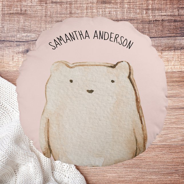 Modern Beauty Pastel Pink Bear With Name Round Pillow (Creator Uploaded)
