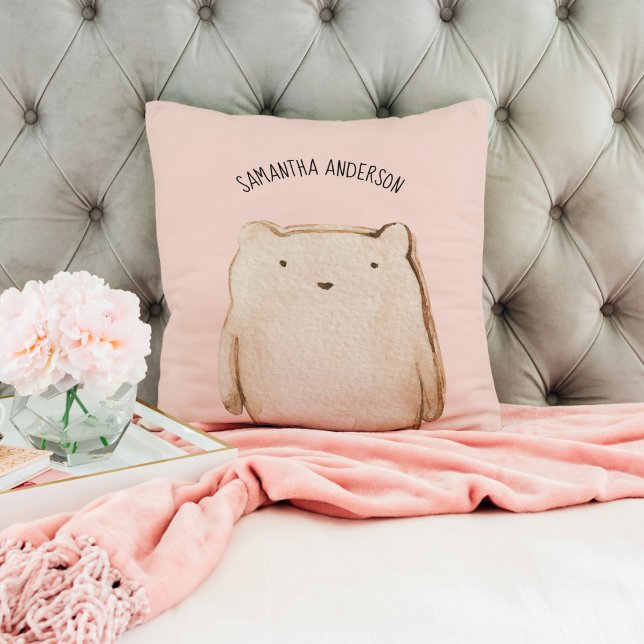 Modern Beauty Pastel Pink Bear With Name Throw Pillow (Creator Uploaded)