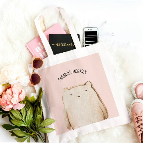 Modern Beauty Pastel Pink Bear With Name Tote Bag