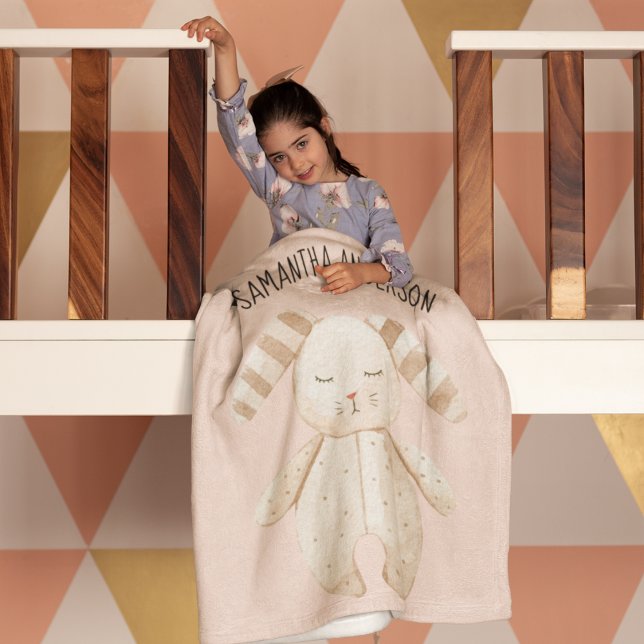 Modern Beauty Pastel Pink Bunny With Name Baby Blanket (Creator Uploaded)