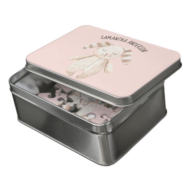 Modern Beauty Pastel Pink Bunny With Name Jigsaw Puzzle (Lid Open)