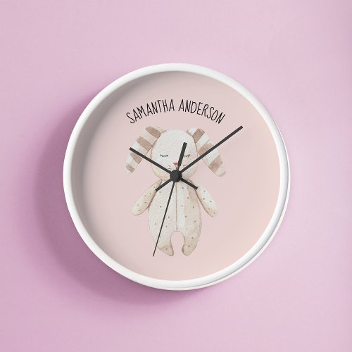 Modern Beauty Pastel Pink Bunny With Name Round Clock