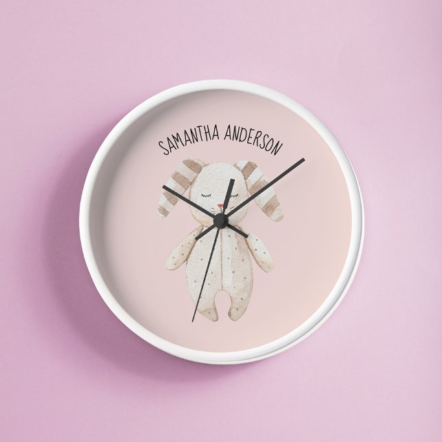 Modern Beauty Pastel Pink Bunny With Name Round Clock (Creator Uploaded)