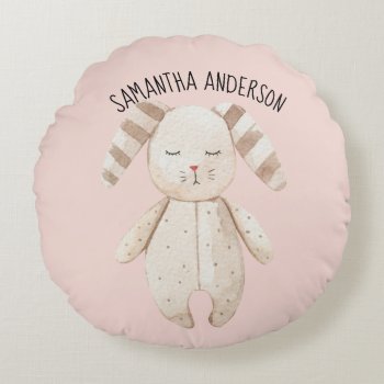 Modern Beauty Pastel Pink Bunny With Name Round Pillow by LovePattern at Zazzle