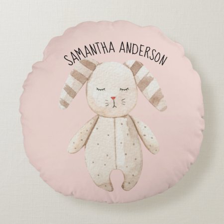 Modern Beauty Pastel Pink Bunny With Name Round Pillow