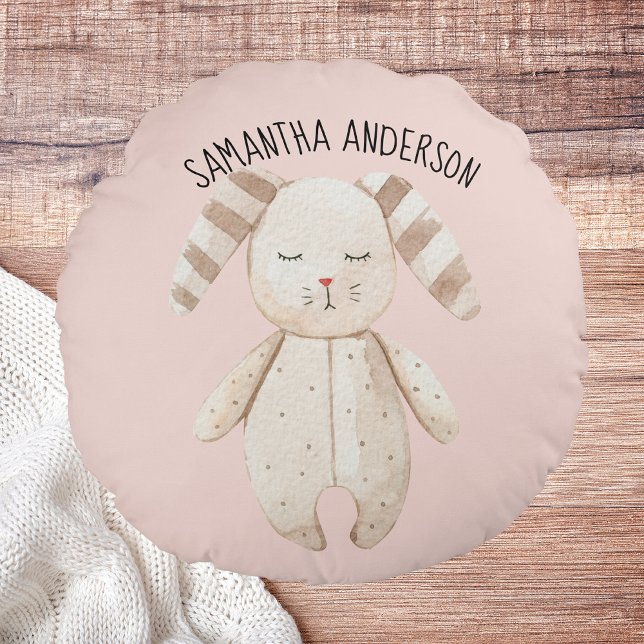 Modern Beauty Pastel Pink Bunny With Name Round Pillow (Creator Uploaded)