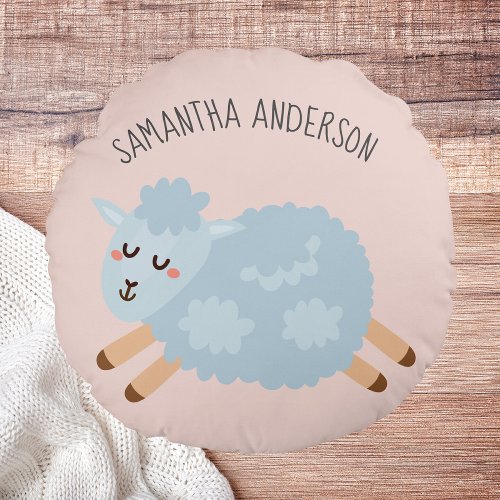 Modern Beauty Pastel Pink Sheep And Kid Name Round Pillow