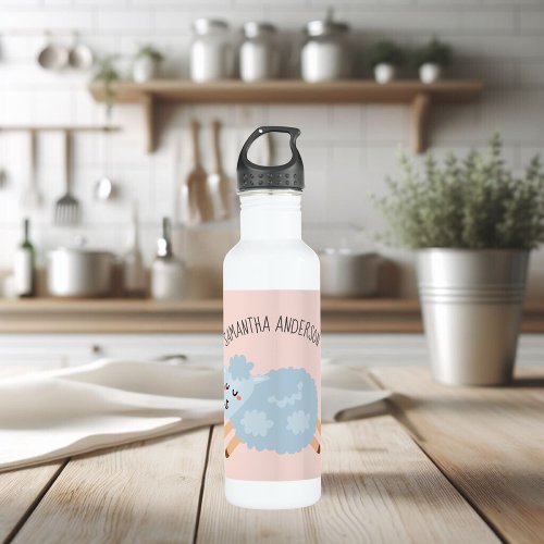 Modern Beauty Pastel Pink Sheep And Kid Name Stainless Steel Water Bottle
