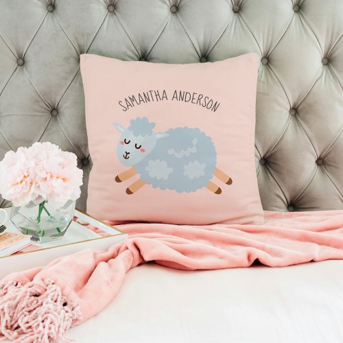 Modern Beauty Pastel Pink Sheep And Kid Name Throw Pillow