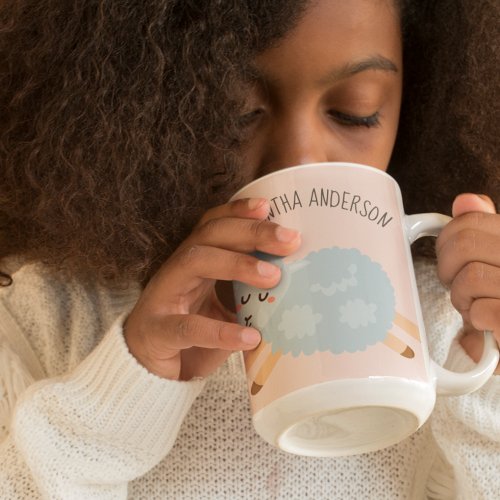 Modern Beauty Pastel Pink Sheep And Kid Name Two_Tone Coffee Mug