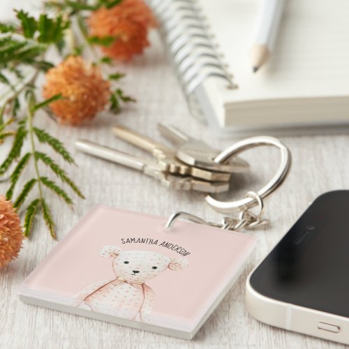 Modern Beauty Pastel Pink Teddy Bear With Name Keychain