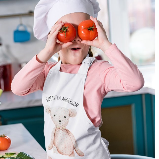 Modern Beauty Pastel Pink Teddy Bear With Name Kids' Apron (Creator Uploaded)