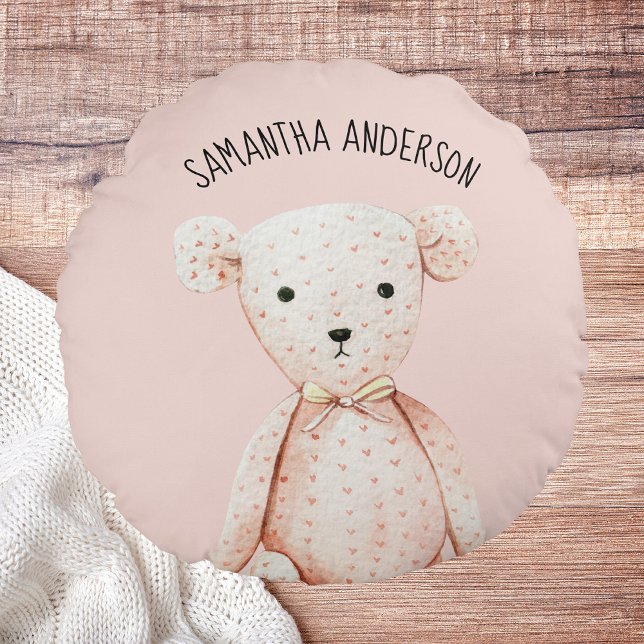 Modern Beauty Pastel Pink Teddy Bear With Name Round Pillow (Creator Uploaded)