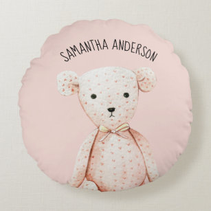 Modern Beauty Pastel Pink Teddy Bear With Name Round Pillow