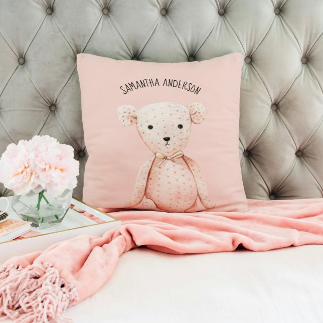 Modern Beauty Pastel Pink Teddy Bear With Name Throw Pillow (Creator Uploaded)
