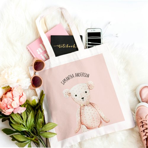 Modern Beauty Pastel Pink Teddy Bear With Name Tote Bag