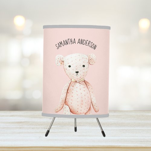 Modern Beauty Pastel Pink Teddy Bear With Name Tripod Lamp