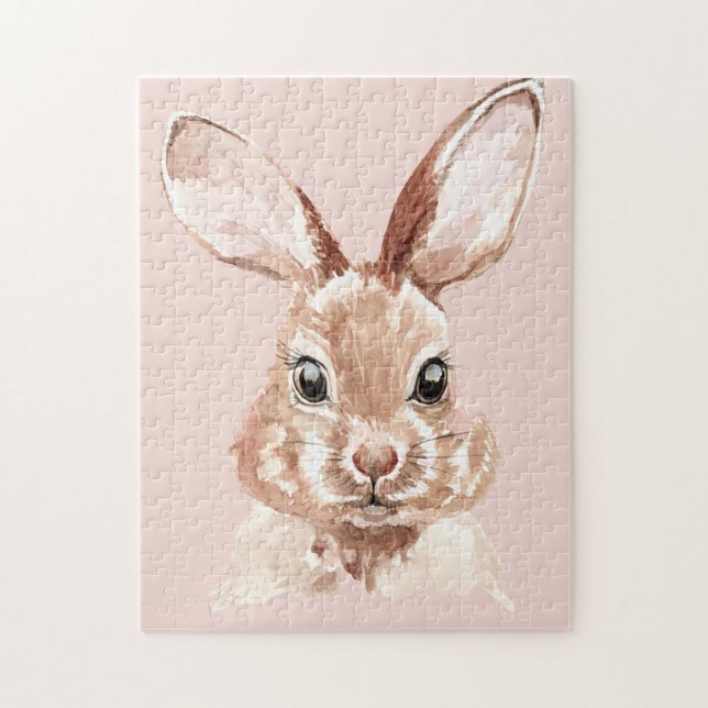 Modern Beauty Pastel Pink Watercolor Bunny Lovely Jigsaw Puzzle (Vertical)
