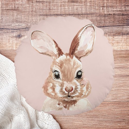 Modern Beauty Pastel Pink Watercolor Bunny Lovely Round Pillow