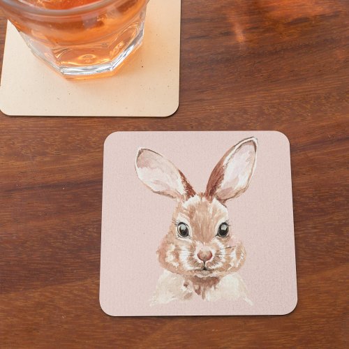Modern Beauty Pastel Pink Watercolor Bunny Lovely Square Paper Coaster