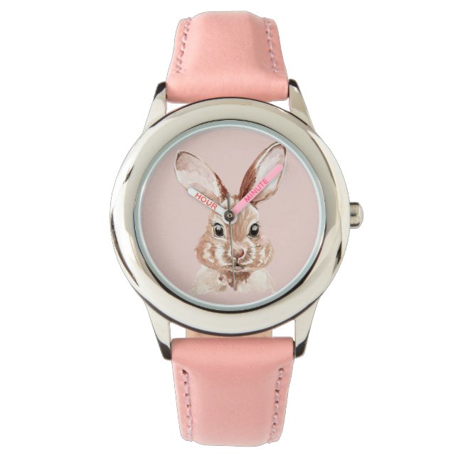 Modern Beauty Pastel Pink Watercolor Bunny Lovely Watch (Front)
