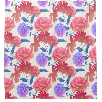 Modern Beauty Pink Purple And Blue Flowers Pattern Shower Curtain by ReligiousStore at Zazzle