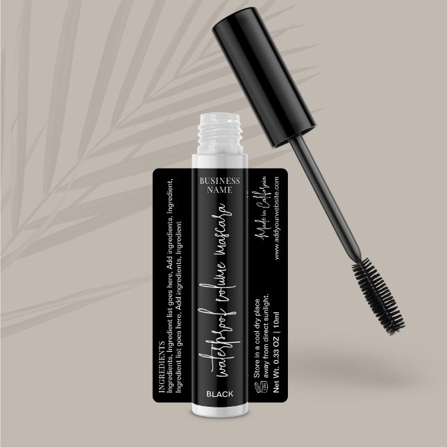 Modern Beauty Product Cosmetic Tube Mascara Label (Modern mascara labels in black and white with fully editable text and colors)