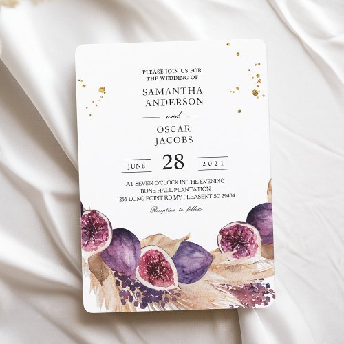 Modern Beauty Purple Figs  Pampas  Gold Drops Invitation