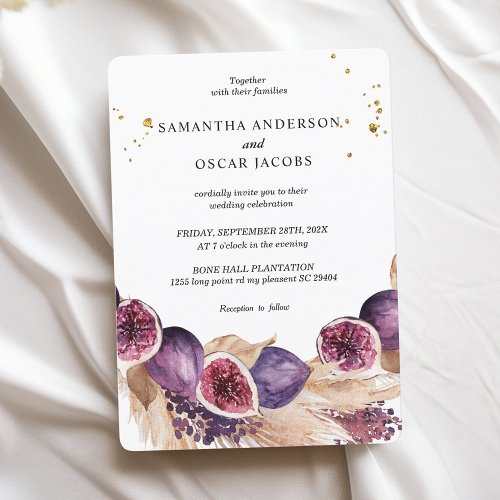 Modern Beauty Purple Figs  Pampas  Gold Drops Invitation