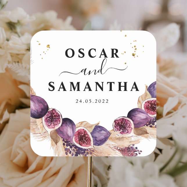 Modern Beauty Purple Figs & Pampas & Gold Drops Square Sticker (Creator Uploaded)