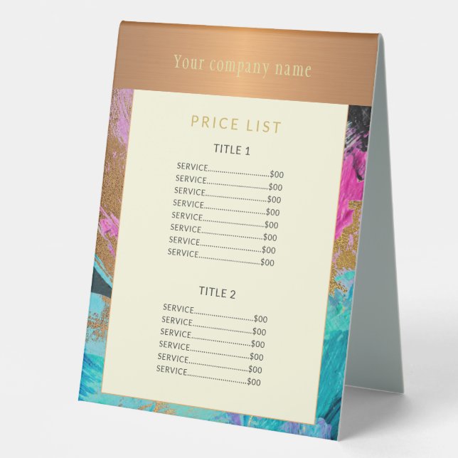 Modern beauty salon abstract copper gold pricelist table tent (Front)