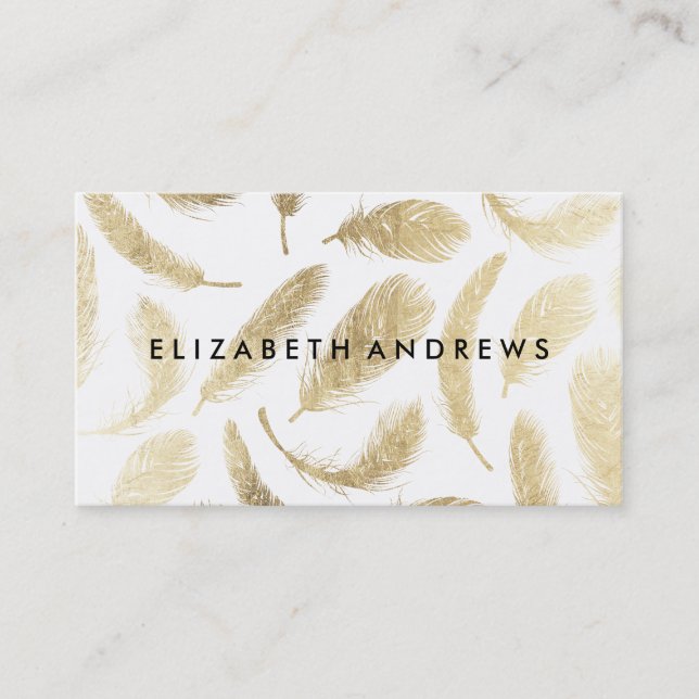 Modern beauty salon faux gold elegant feathers business card (Front)