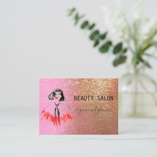 Modern Beauty Salon Glitter Gold Pink Business Card (Standing Front)