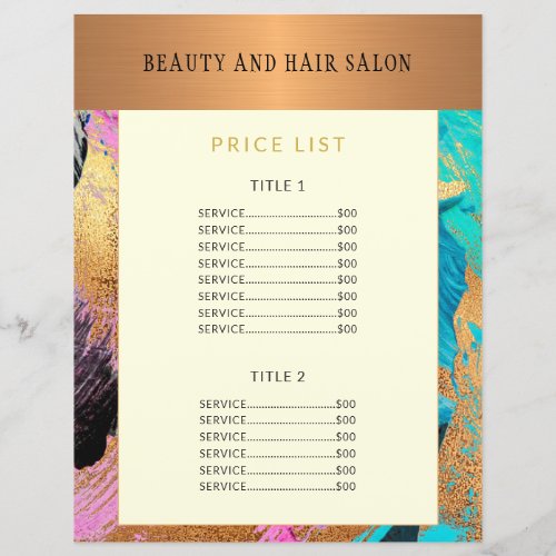 Modern beauty salon service menu promotional flyer
