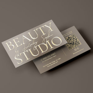 Modern Beauty Salon Studio Esthetician Taupe Gold Foil Business Cards