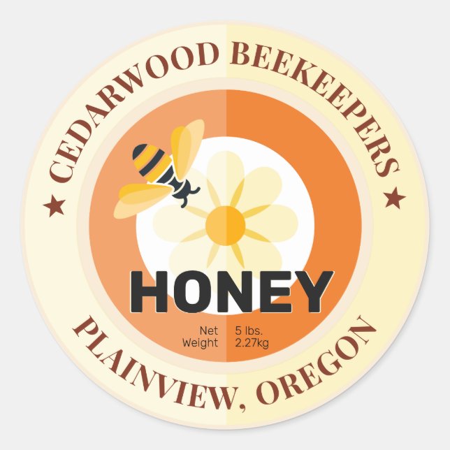 Modern Bee and Flower Goldenrod Honey Jar Classic Round Sticker (Front)