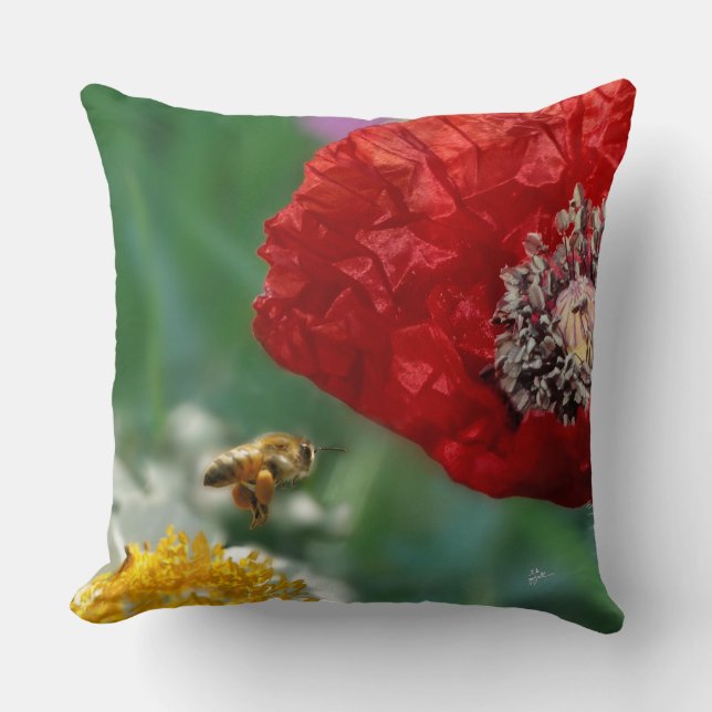 Modern Bee and Red Poppy Nature Photograph Throw Pillow (Front)