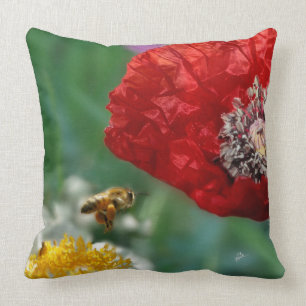 Modern Bee and Red Poppy Nature Photograph Throw Pillow
