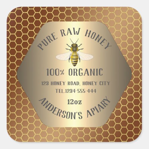 Modern bee honey comb honey jar square sticker